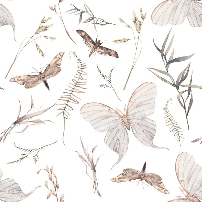 Tapete Watercolor butterfly and summer field herbs seamless pattern. Hand painted texture with botanical elements: plants, grass, berries, fern, leaves. Natural repeating background