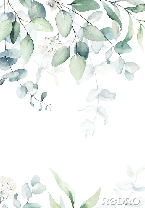 Tapete Watercolor floral illustration with green branches & leaves - frame / border, for wedding stationary, greetings, wallpapers, fashion, background. Eucalyptus, olive, green leaves, etc.