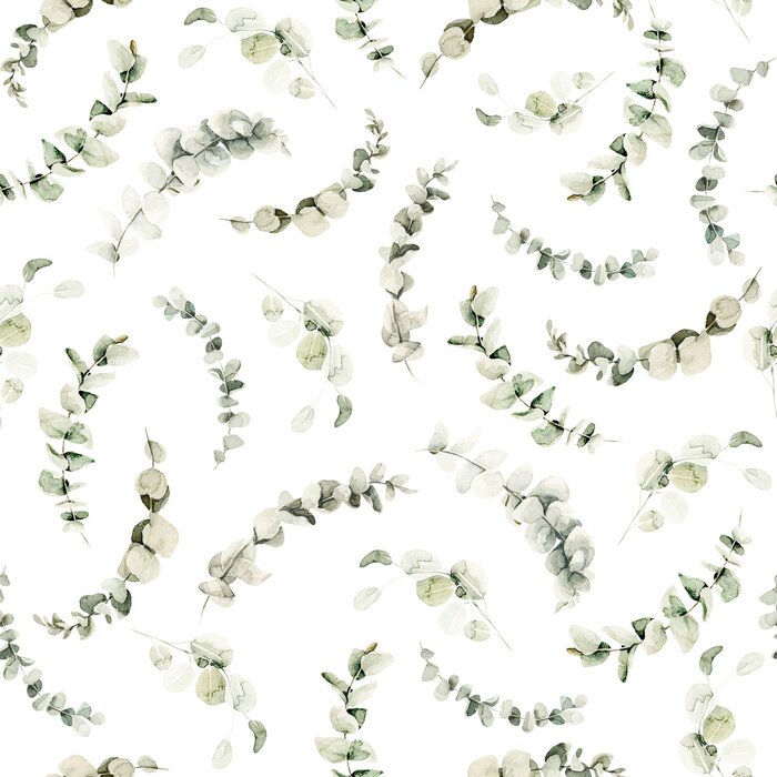 Tapete Watercolor floral seamless pattern of greenery. Hand painted green leaves of eucalyptus isolated on white background. Botanical illustration for design, print, background
