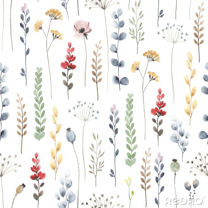 Tapete Watercolor floral seamless pattern with colorful wildflowers, leaves and plants. Illustration on white background in vintage style.