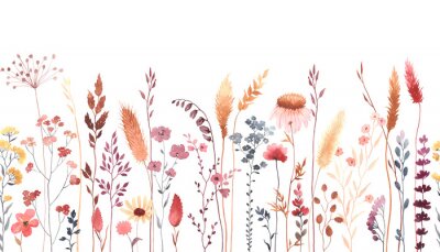 Fototapete Watercolor floral seamless pattern with colorful wildflowers, plants and grass. Panoramic horizontal border, isolated illustration. Meadow in vintage style.