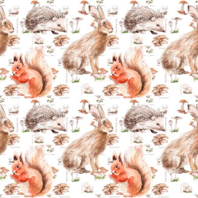 Tapete watercolor forest seamless pattern with animals and plants