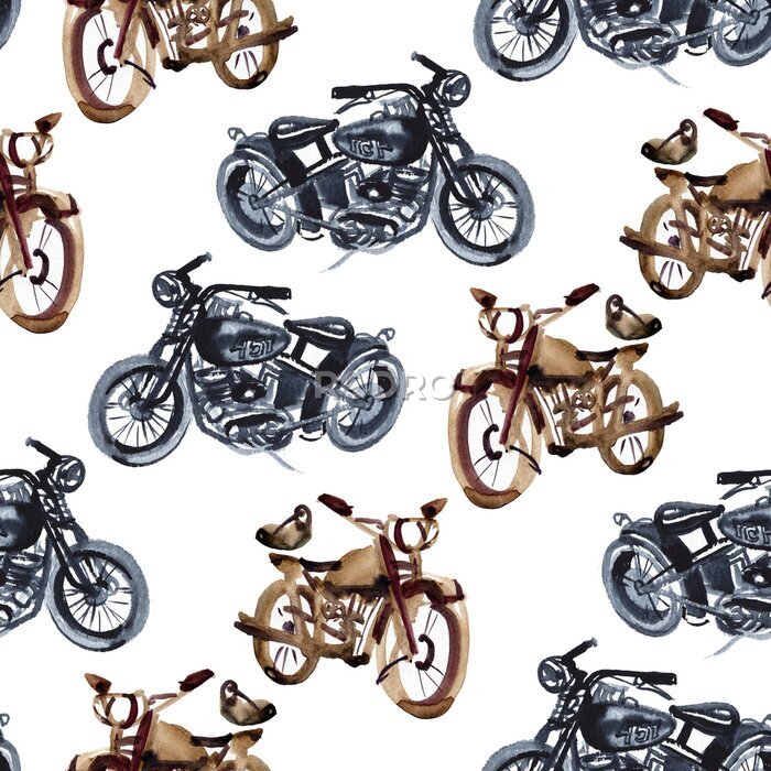 Tapete Watercolor hand drawn motorcycle illustration. Seamless pattern.