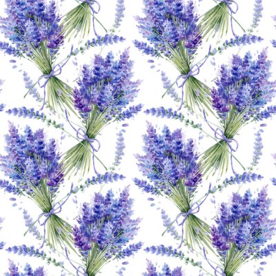 Tapete Watercolor hand drawn texture (pattern) with lavender bouquets on white background