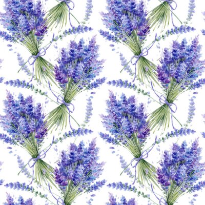 Tapete Watercolor hand drawn texture (pattern) with lavender bouquets on white background