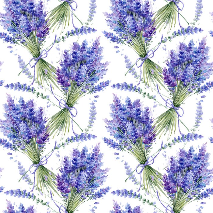 Tapete Watercolor hand drawn texture (pattern) with lavender bouquets on white background