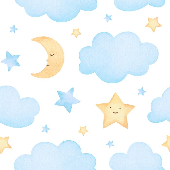 Tapete Watercolor illustrations of stars and clouds. Cute seamless pattern