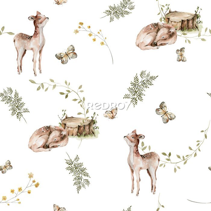 Tapete Watercolor nursery seamless pattern. Hand painted woodland cute baby animals in wild, forest summer landscape, fawn, deer. illustration for baby wallpaper, wall art decor, fabric