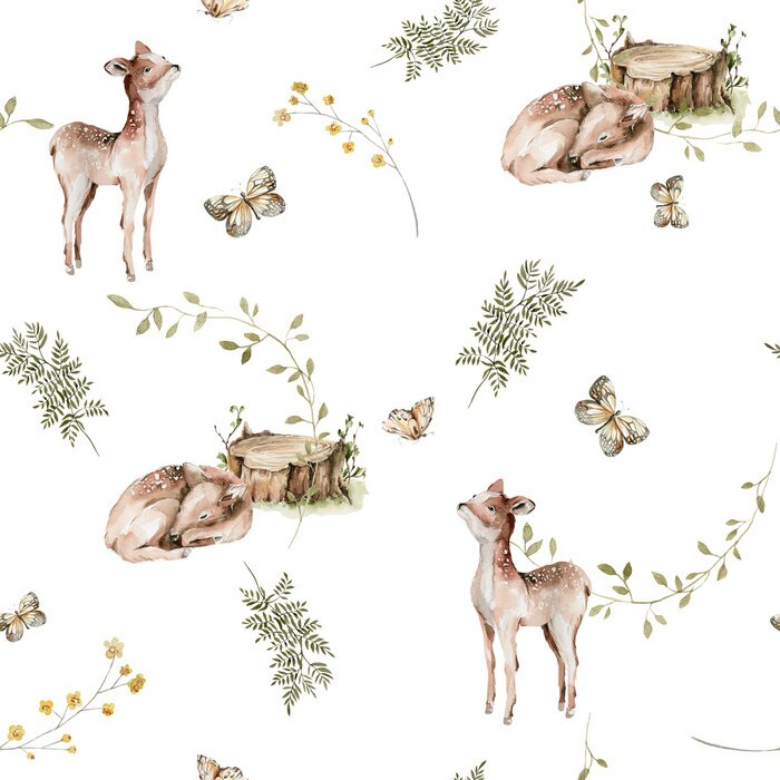 Tapete Watercolor nursery seamless pattern. Hand painted woodland cute baby animals in wild, forest summer landscape, fawn, deer. illustration for baby wallpaper, wall art decor, fabric
