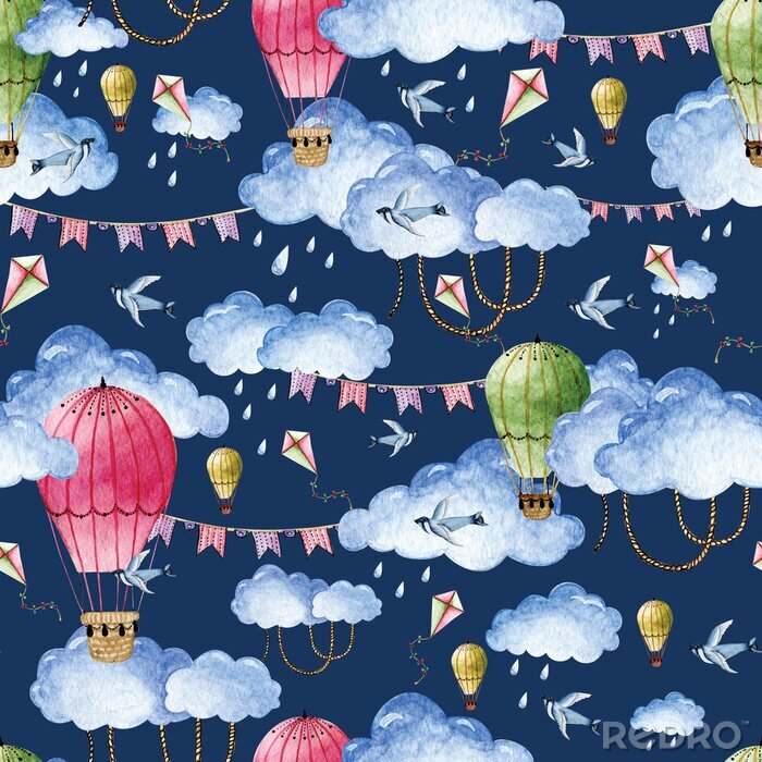 Tapete Watercolor pattern with balloons and clouds