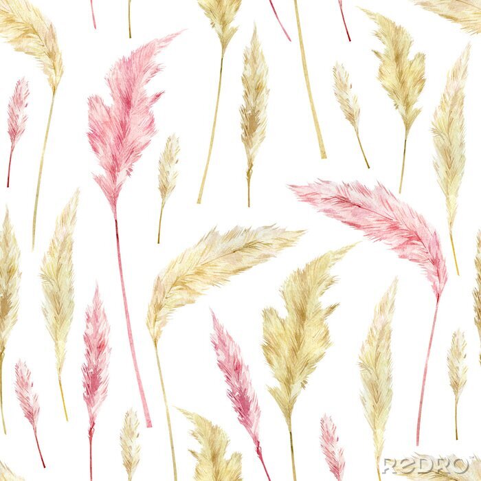 Tapete Watercolor retro botanical pattern with dried flowers and pampas grass. Boho wild floral for wallpaper and textile fabric.