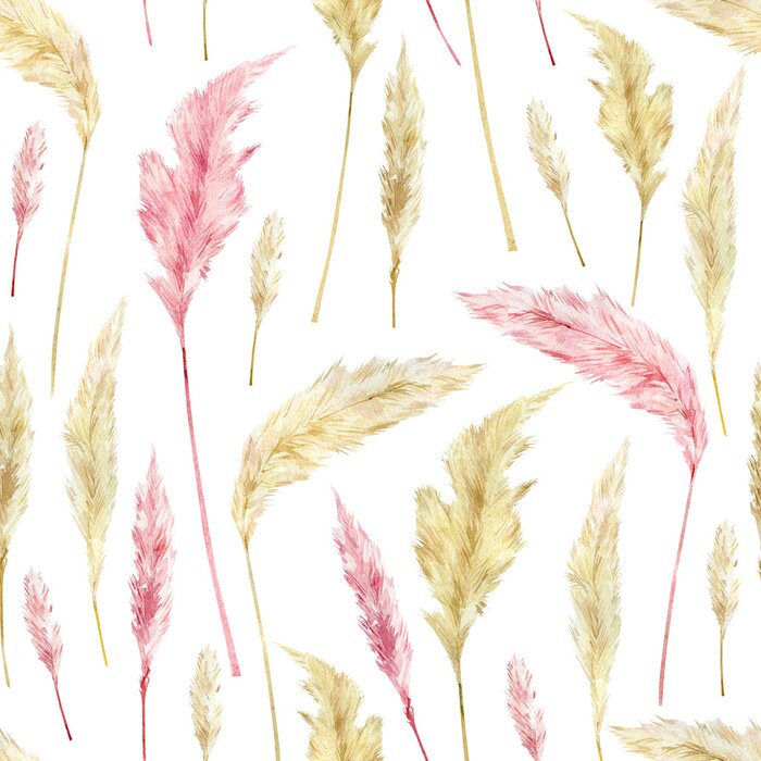 Tapete Watercolor retro botanical pattern with dried flowers and pampas grass. Boho wild floral for wallpaper and textile fabric.