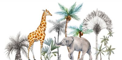 Watercolor safari animals with tropical palms composition. African giraffe, elephant.
