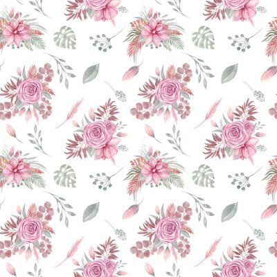 Tapete Watercolor seamless pattern of floral elements on a white background Autumn boho dried flowers, tropical leaves, eucalyptus leaf and branch