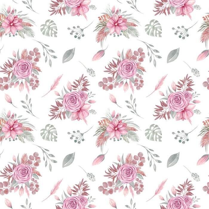 Tapete Watercolor seamless pattern of floral elements on a white background Autumn boho dried flowers, tropical leaves, eucalyptus leaf and branch