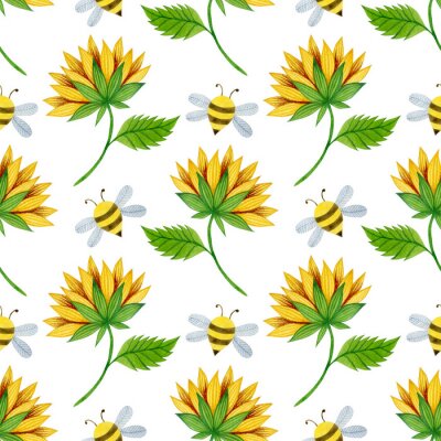 Tapete Watercolor seamless pattern of sunflowers and bees on a white background.