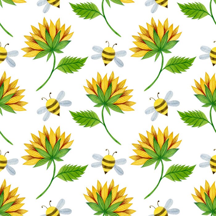 Tapete Watercolor seamless pattern of sunflowers and bees on a white background.