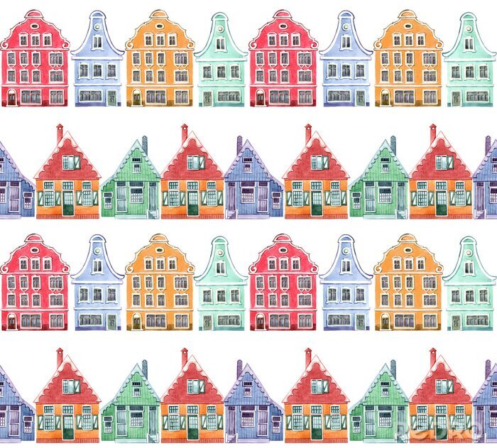 Tapete Watercolor seamless pattern with colorful house. Houses from the Dutch village.  Hand drawn illustration.