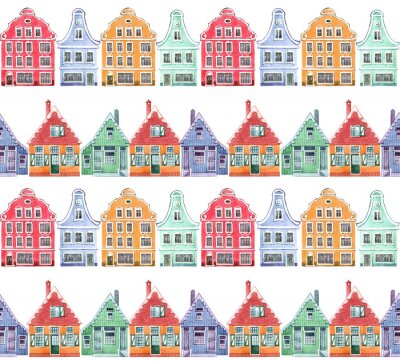 Tapete Watercolor seamless pattern with colorful house. Houses from the Dutch village.  Hand drawn illustration.