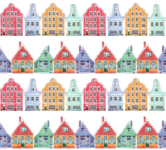 Tapete Watercolor seamless pattern with colorful house. Houses from the Dutch village.  Hand drawn illustration.