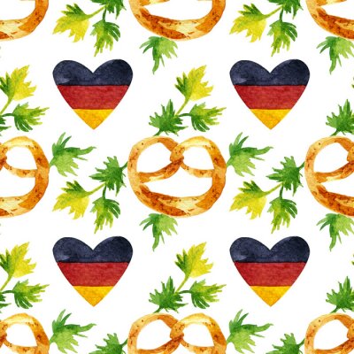 Tapete Watercolor seamless pattern with hand drawn elements. Traditional Brezn pretzel, green leaves and German flag in heart shape on white background