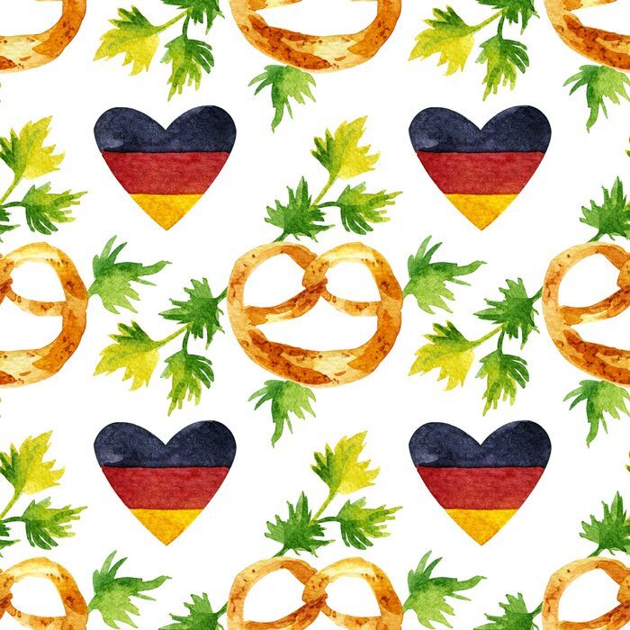 Tapete Watercolor seamless pattern with hand drawn elements. Traditional Brezn pretzel, green leaves and German flag in heart shape on white background