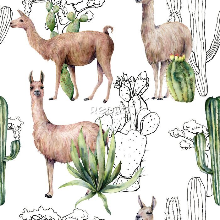 Tapete Watercolor seamless pattern with llama and desert cacti. Hand painted botanical illustration with lama animal and plants on blue background. For design, print, fabric or background.