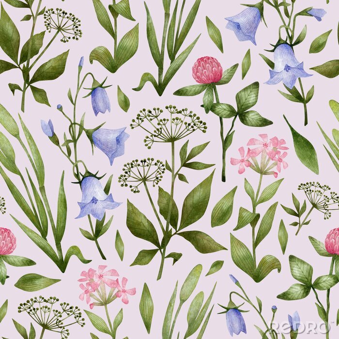 Tapete Watercolor seamless pattern with meadow flowers. Botanical background with wild flowers, clovers, blue bell, herbs. Illustration in nature style for wallpaper, textile, wrapping, covers.