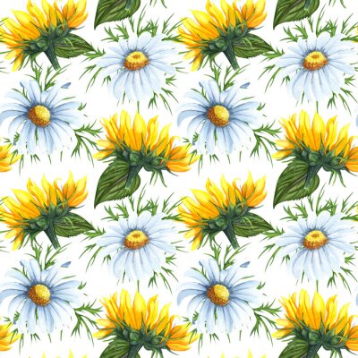 Tapete Watercolor seamless pattern with sunflowers and chamomile flowers. Hand drawn beckground with wildflowers perfect for decorating textiles, packaging, wallpaper