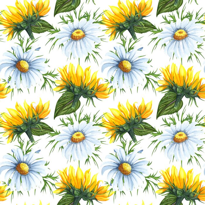 Tapete Watercolor seamless pattern with sunflowers and chamomile flowers. Hand drawn beckground with wildflowers perfect for decorating textiles, packaging, wallpaper