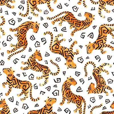 Tapete Watercolor seamless pattern with tigers on white background. Hand painted raster illustration.