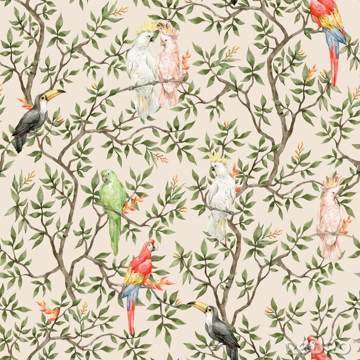 Tapete Watercolor seamless pattern with trees and parrots. Vintage background in victorian style. Boho paradise jungle with branch and birds. Ara, toucan, cockatoo, in blossom tree.