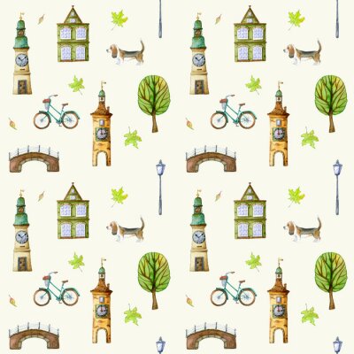 Tapete Watercolor seamless pattern with vintage Amsterdam houses, turquoise retro bicycle, basset hound dog, bell tower and park trees.