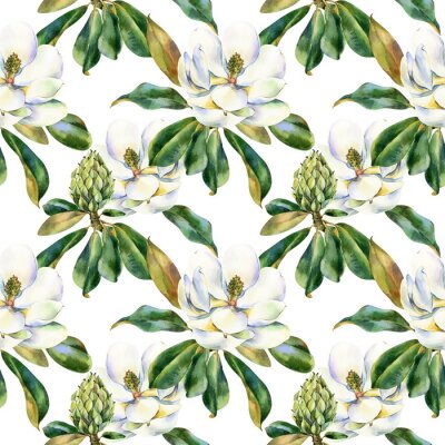 Watercolor seamless pattern with white magnolia, green leaves, botanical painting isolated on a white background, floral painting, stock illustration. Fabric wallpaper print texture.
