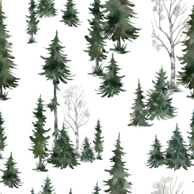 Tapete Watercolor seamless pattern with winter trees. Spruce, birch, pine, Christmas tree. Nature background. Forest landscape.