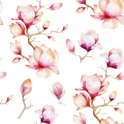 Tapete Watercolor seamless wallpaper with  magnolia flowers, leaves.