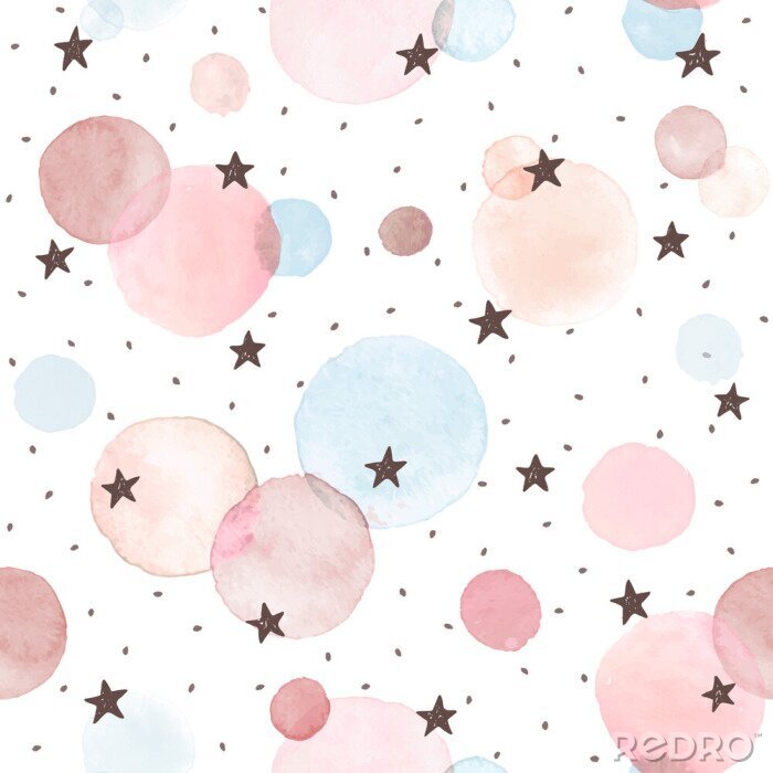 Tapete Watercolor texture in pastel colors. Hand drawn seamless abstract background for print on fabric or wrapping paper. Watercolor spots with black stars and dots isolated on white background.