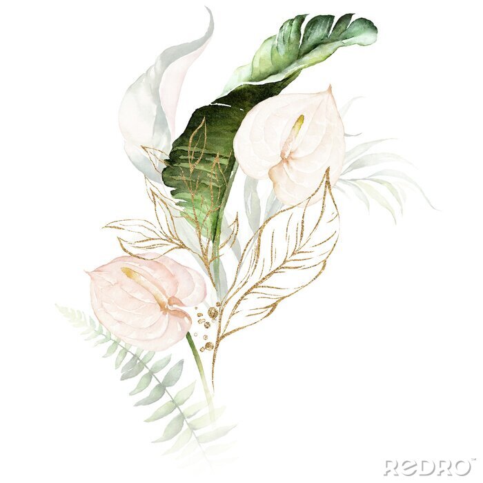 Tapete Watercolor tropical floral bouquet - green, blush, gold flower & leaves. For wedding stationary, greetings, wallpapers, fashion, background.