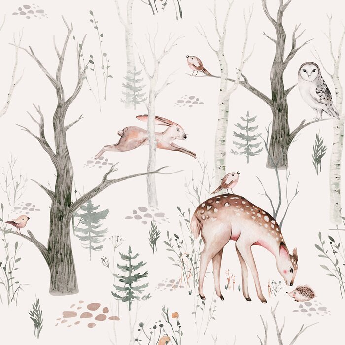 Tapete Watercolor Woodland animal Scandinavian seamless pattern. Fabric wallpaper background with Owl, hedgehog, fox and butterfly, rabbit forest squirrel and chipmunk, bear and bird baby animal,
