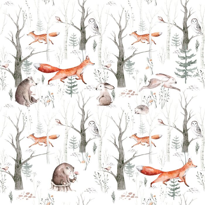 Tapete Watercolor Woodland animals seamless pattern. background with Owl, hedgehog, fox and butterfly, Bunny rabbit set of forest squirrel and chipmunk, bear and bird baby animal, Scandinavian Nursery 