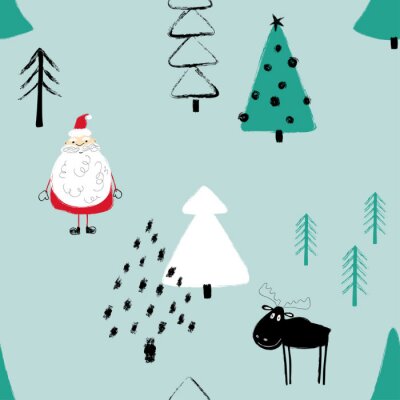 Tapete Weihnachtsmann und Rentiere im Winterwald