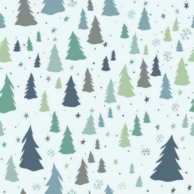 Tapete Weihnachtsnahtloses Muster mit Bäumen, Schneeflocken und Sternen