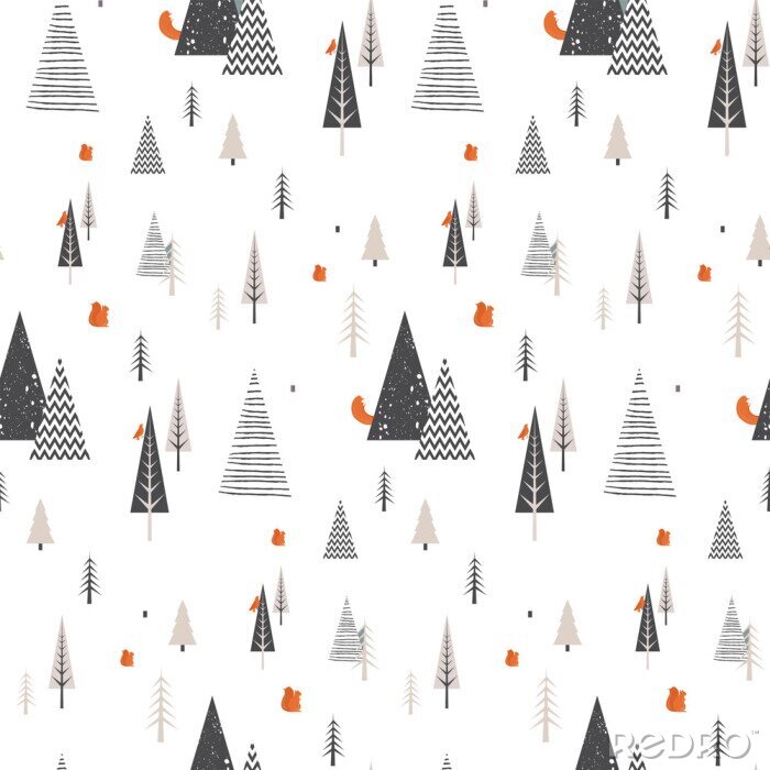 Tapete Weihnachtswinter-Waldlandschaft mit Waldtieren. nahtlose Muster. Abstrakte vektorabbildung