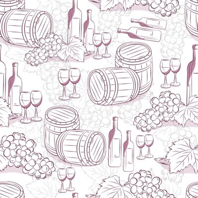 Tapete Wein nahtlose Muster. Wein Hintergrund. Wein Hintergrund mit Fässern, Trauben, Flaschen und Gläser.