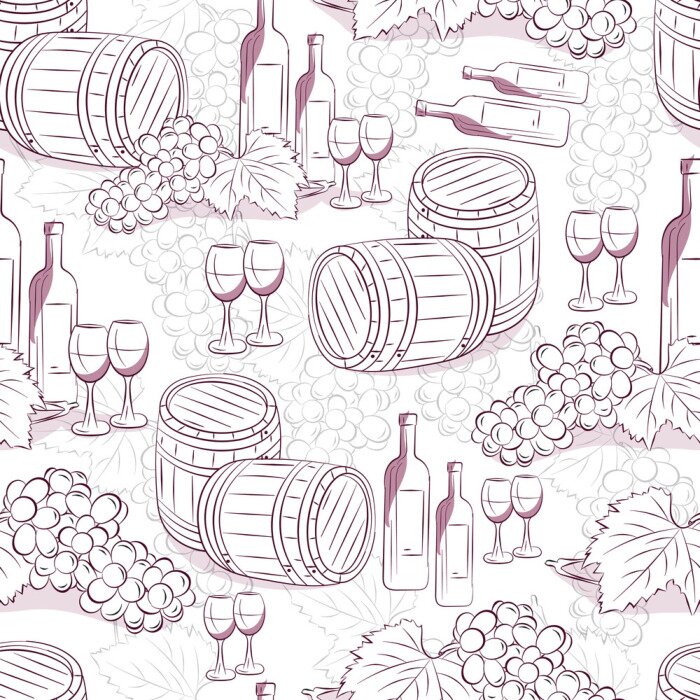 Tapete Wein nahtlose Muster. Wein Hintergrund. Wein Hintergrund mit Fässern, Trauben, Flaschen und Gläser.