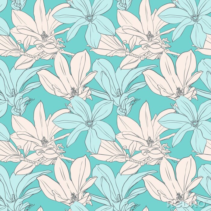 Tapete Weiß-blaues Muster mit Magnolien