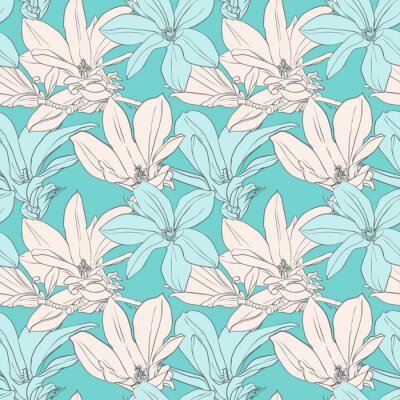 Tapete Weiß-blaues Muster mit Magnolien