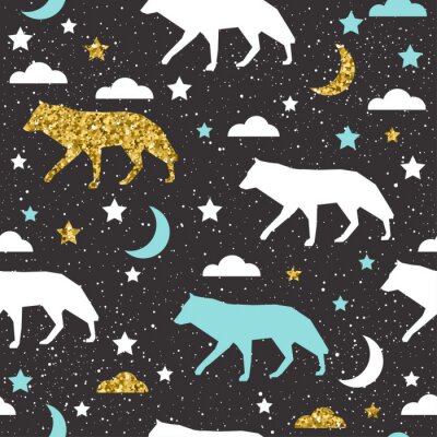 Tapete Weißblaue und goldene Wölfe gegen den Himmel