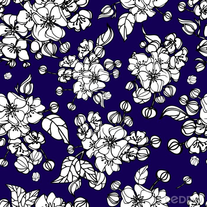 Tapete Weiße Blumen auf dunkelblauem Hintergrund