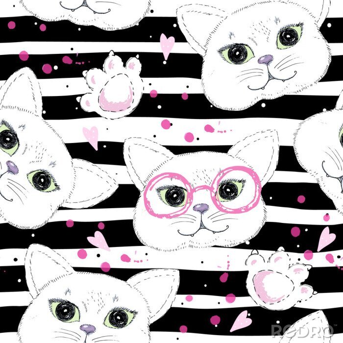 Tapete Weiße Katzen mit rosa Brille